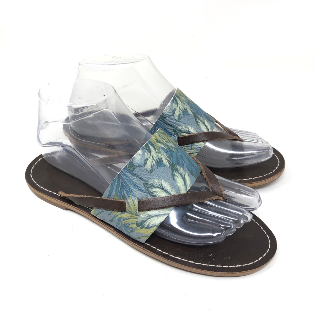 Tommy Bahama Womens 7 Thong Sandal Penelope Blue Palm Leaf Leather Flip Flops
